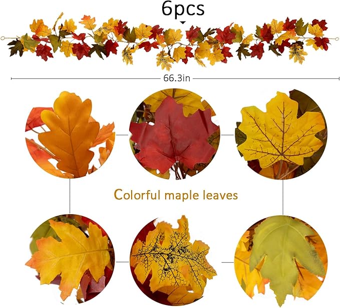 PARTY JOY 6PCS Orange Leaf Garland, 5.6Ft Halloween Garland Artificial Maple Leaf Autumn Hanging Fall Vines Thanksgiving Decorations Fall Decor