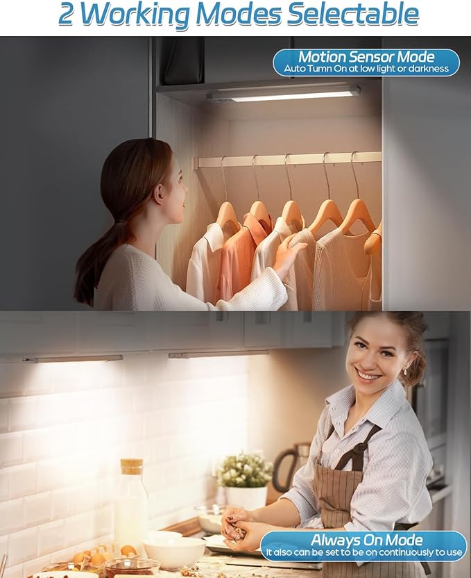 HIBOITEC Under Cabinet Lighting Rechargeable 50 LED Closet Lights Battery Operated Dimmable Motion Sensor Light Indoor, Wireless Light for Kitchen, Wardrobe, Drawer, 2 Pack, Warm White Light, 10 inch