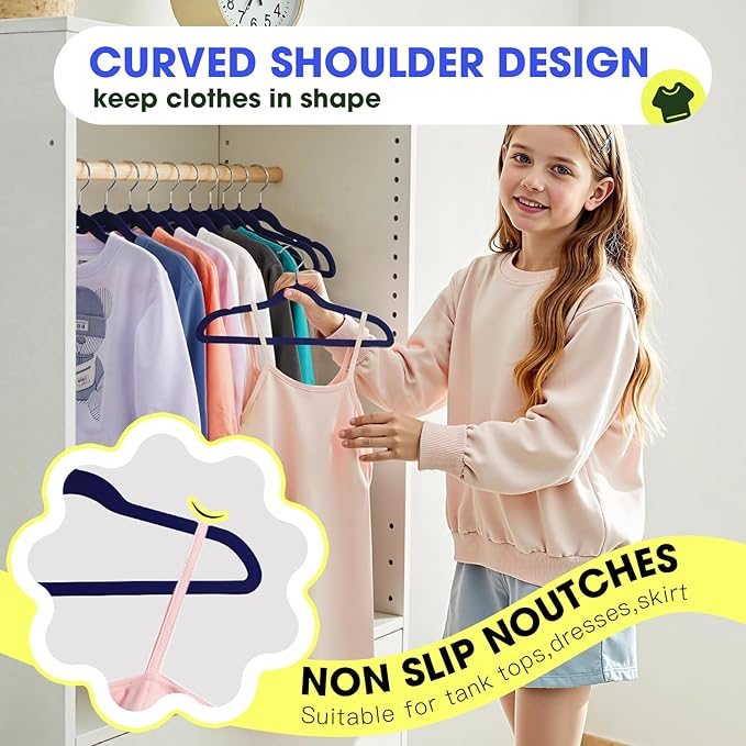 Kids Hangers 50 Pack,14 Inch Kids Velvet Hangers Slim & Space-Saving,Baby Clothes Hangers with 360 Swivel Hook,Heavy Duty Hanger for Infant & Childrens Coats, Pants,and Dress (Dark Blue)