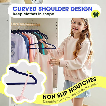 Kids Hangers 50 Pack,14 Inch Kids Velvet Hangers Slim & Space-Saving,Baby Clothes Hangers with 360 Swivel Hook,Heavy Duty Hanger for Infant & Childrens Coats, Pants,and Dress (Dark Blue)
