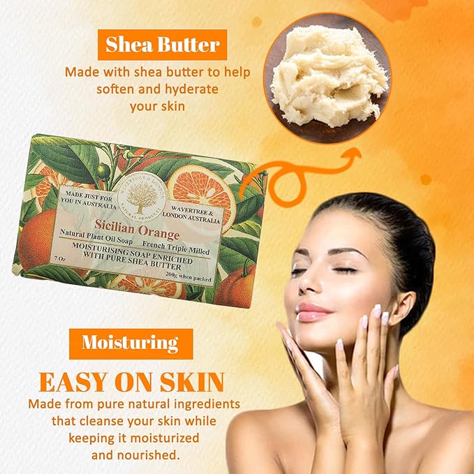 Wavertree & London Sicilian Orange Scented Natural Soap (8 Bars), 7oz Moisturizing French Triple Milled Soap Bars enriched with shea butter - Pure Plant Oil Bath & Body Soap for All Skin Types