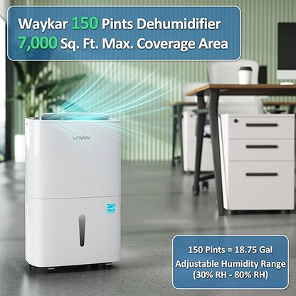 Waykar 150 Pints 2025 Energy Star Dehumidifier with Pump for Spaces up to 7,000 Sq. Ft at Commercial and Industrial Large Room, Warehouse, Home, Basement, with Drain Hose, Auto Defrost, Self-Drying