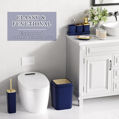 Navy Blue Bathroom Accessories Set, Blue and Gold Bathroom Accessories with Trash Can, Soap Dispenser, Soap Dish, Toothbrush Holder and Q-tip Holders