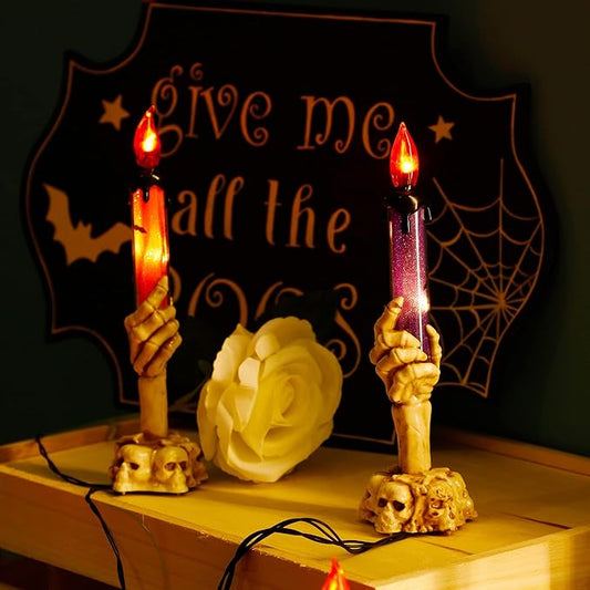 WATERGLIDE Halloween Decoration Candle Light Stakes, 10 Pack Skeleton Hands Hold Lighted Candle Pathway Makers, Waterproof Battery Operated with Timer, Light Up Figurine for Outdoor Holiday Party