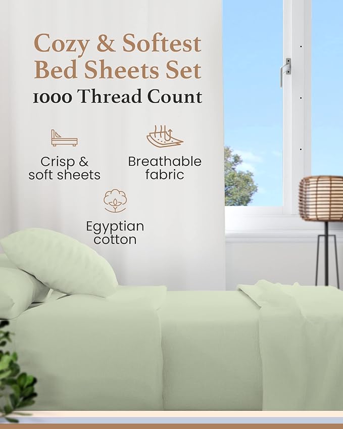 Good Sleep Bedding Twin XL Sheet - 1000 Thread Count, 100% Egyptian Cotton Sheets, 4Pc, Twin XL Sheet Set, Cooling Bed Sheets, Sateen Wave, Luxury Twin XL Sheets College Dorm Fits 16" - Sage