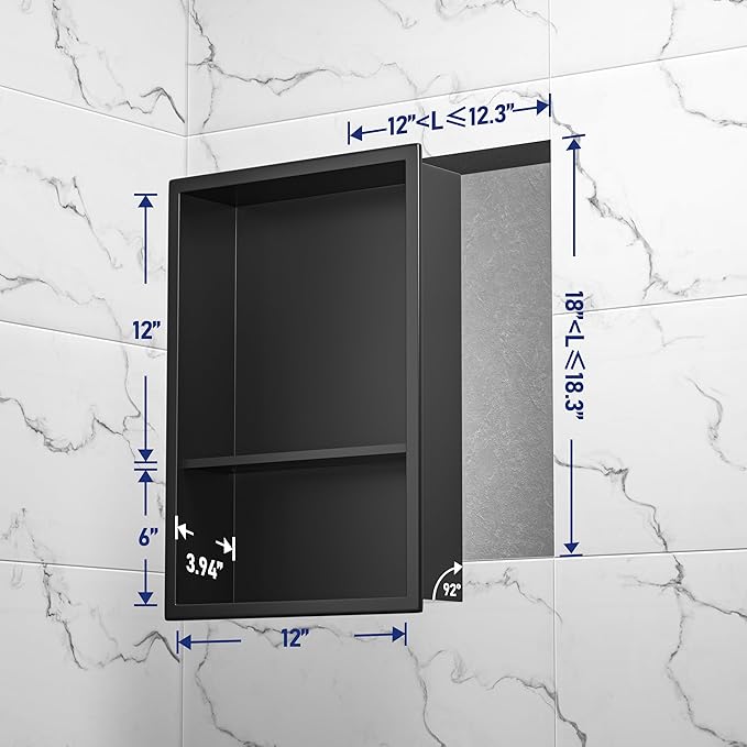 Stainless Steel Shower Niche 18" X 12" Matte Black No Tile Needed Niche for Shower Wall with Two-Tier Shelves Recessed Wall Niches for Bathroom Storage Over Mount Installation