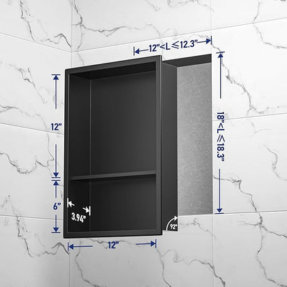 Stainless Steel Shower Niche 18" X 12" Matte Black No Tile Needed Niche for Shower Wall with Two-Tier Shelves Recessed Wall Niches for Bathroom Storage Over Mount Installation