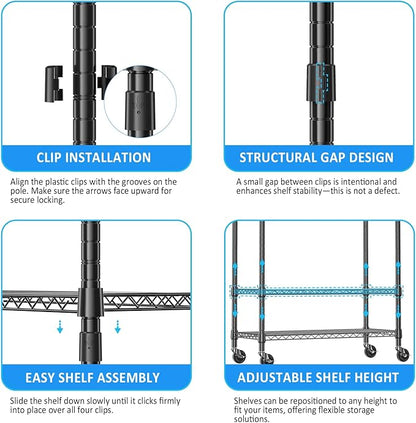 IZEUK Heavy Duty Rolling Garment Rack with 3 Adjustable Wire Shelves, Hanging Rod & Side Hooks - Mobile Clothes Rack with Wheels, 29.5" W x 15.7" D x 75" H, Black