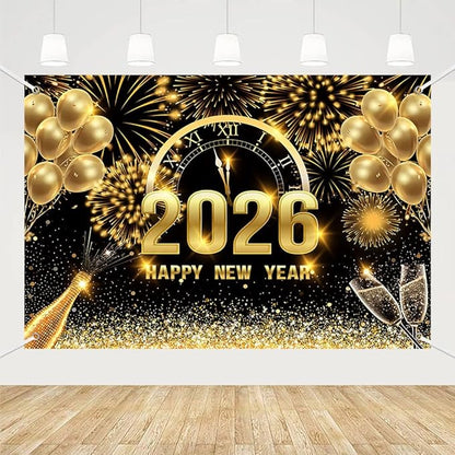 MEHOFOND 8x6ft Black and Gold 2026 Happy New Year Backdrop Cheers to 2026 New Year Eve Glitter Photography Background Hello 2026 Party Champagne Balloon Fireworks Decor Banner Cake Smash Photo Props