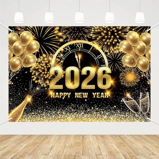 MEHOFOND 8x6ft Black and Gold 2026 Happy New Year Backdrop Cheers to 2026 New Year Eve Glitter Photography Background Hello 2026 Party Champagne Balloon Fireworks Decor Banner Cake Smash Photo Props