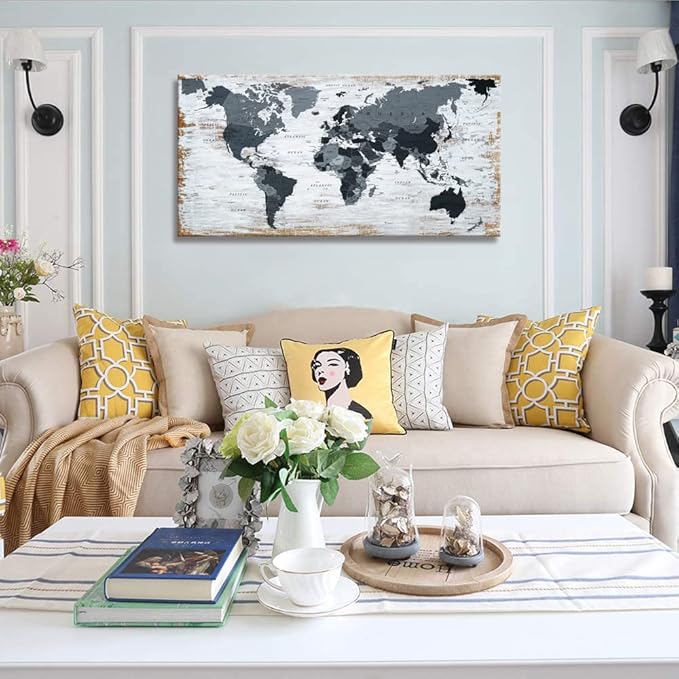world map Canvas Wall Art Black Wall Decor Office Map of the world Pictures for Living Room Decoration Map Picture Framed Artwork for Home Bedroom Decoration 20"x40"