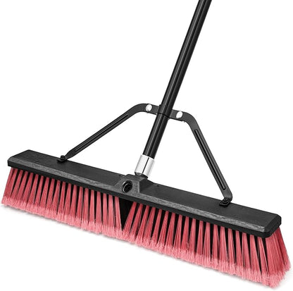 24” Push Broom Outdoor Heavy Duty, Large Commercial Stiff Bristle Brush with 63 inches Long Handle for Garage Shop Garden Yard Patio Deck Street Warehouse Lawn Driveway (Red)
