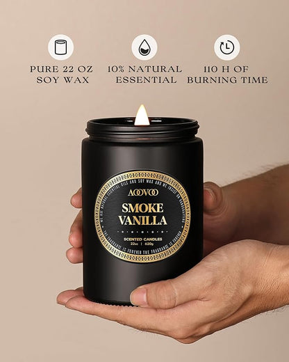 AOOVOO Scented Candles for Men - Large 22oz 120 Hours of Burn Time, Smoke & Vanilla Candles for Home Scented | Crackling Wood Wick Soy Candle | Strong Fragranced Black Candle Gift for Women & Men