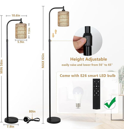 Floor Lamp with Remote, Dimmable Rattan Floor Lamp with LED Bulb, Industrial Black Tall Pole Lamp with Rattan & Fabric Shades, Boho Farmhouse Standing Lamps for Living Room Bedroom Office