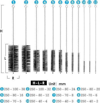 Black Nylon Cleaning Brush Set, 12-Piece, Suitable for Bottle, Teapot, Airbrushes, Espresso Machines, Protective Design, Dishwasher Safe