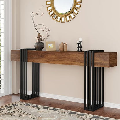 71 Inch Long Console Table, Extra Thick Industrial Sofa Table Behind The Couch Rectangular Entryway Table for Entrance Hallway Living Room, Entire top Board & 4-Pipe Legs, Rustic Brown