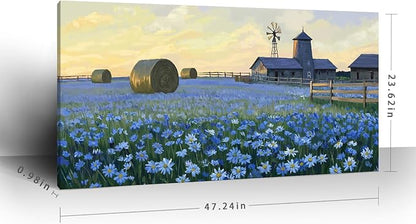 ARTZON Large Wall Art Farmhouse Sunset Flower Art work Rustic Farm Daisy Wildflower Barn Canvas Print Landscape Blue Yellow Picture Nature Floral Artwork for Living Room Bedroom Office Decor 48"x24"