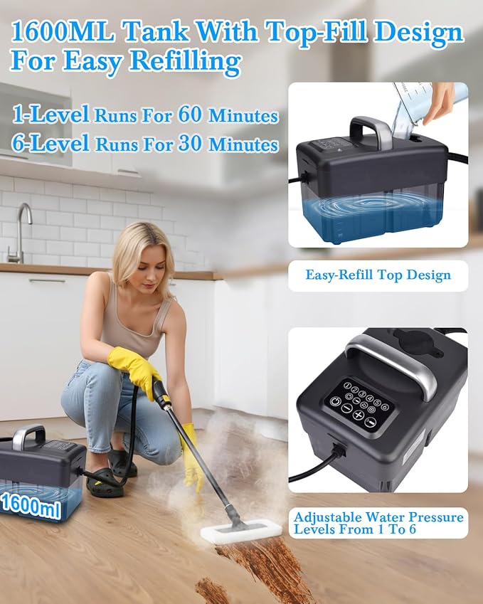 Steam Cleaner for Home - 1600ML Water Tank 15s Heat-Up Portable Steamer for Cleaning, 6 Level Adjustable, 2500W, 45PSI, 250°F Steam, Handheld Steam Cleaner for Car Detailing, Grease, Tile,Grout