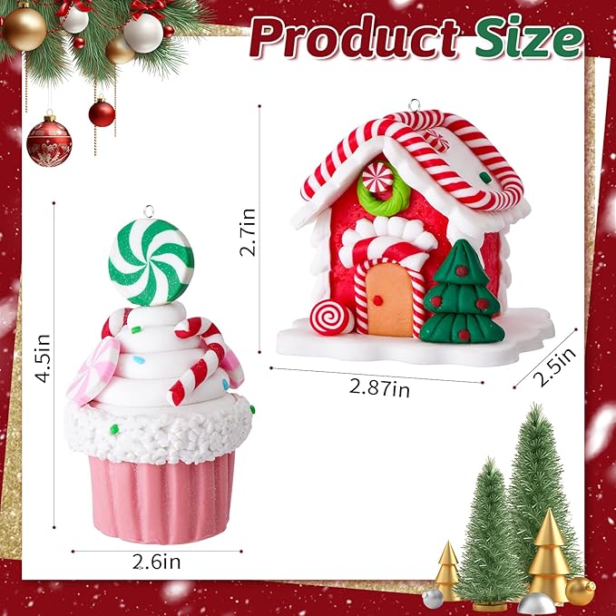 Set of 2 Christmas Tree Decorations, Candy House & Ice Cream Christmas Ornaments, Claydough Xmas Hanging Decor for New Year Party Wedding Home