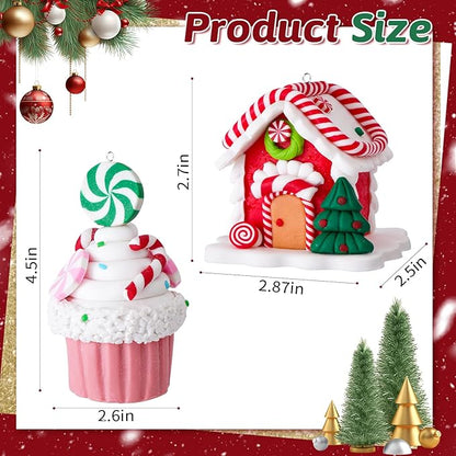 Set of 2 Christmas Tree Decorations, Candy House & Ice Cream Christmas Ornaments, Claydough Xmas Hanging Decor for New Year Party Wedding Home
