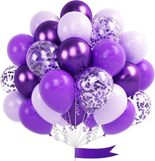 Metallic Purple and Premium Latex Lavender Lilac Balloons, 60 Pcs 12 Inch Purple Confetti Balloons with Purple Ribbons Set for Birthday Graduation Bridal Shower Wedding Party Decorations