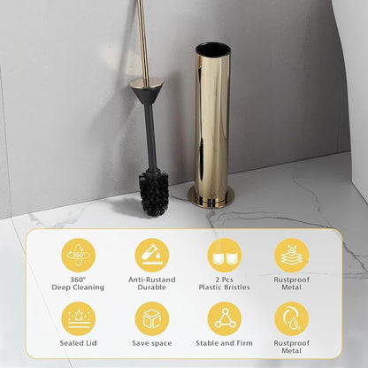 BGL Toilet Brush and Holder Set, Heavy Duty 304 Stainless Steel, Round Base and Long Handle for Bathroom Deep Cleaning, Drip-Proof, Space Saving for Storag, Gold