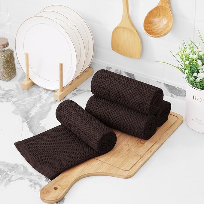 Kitinjoy 100% Cotton Waffle Weave Kitchen Towels, 6-Pack Super Soft and Absorbent Dish Towels for Drying Dishes, Kitchen Hand Towels, 13 in x 28 in, Dark Brown