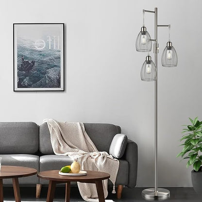 Dimmable Floor Lamp, Metal, 3 x 800LM LED Edison Bulbs Included, Industrial Floor Lamp Standing Tree Lamp with Elegant Teardrop Cage Heads Tall Lamps for Living Room Bedroom-Brushed Nickel