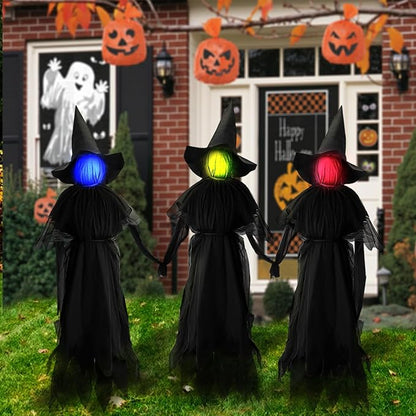 Halloween Witches Outdoor, 3 Light Up Witches Holding Hands with Stakes, Witch Decorations with Glowing Face for Yard Garden Outside Lawn Porch