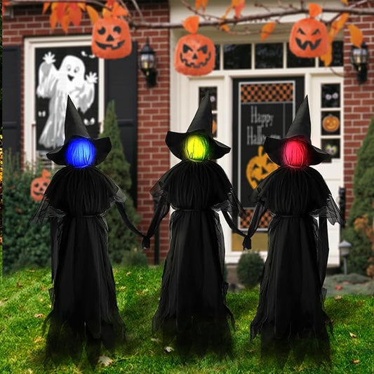 Halloween Witches Outdoor, 3 Light Up Witches Holding Hands with Stakes, Witch Decorations with Glowing Face for Yard Garden Outside Lawn Porch
