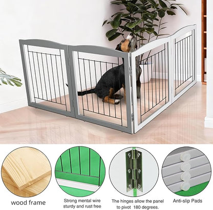 ZJSF Freestanding Foldable Dog Gate for House Extra Wide Wooden Grey Puppy Gate Stairs Dog Gates Doorways Tall Pet Gate 32" Height 4 Panels Pet Fence
