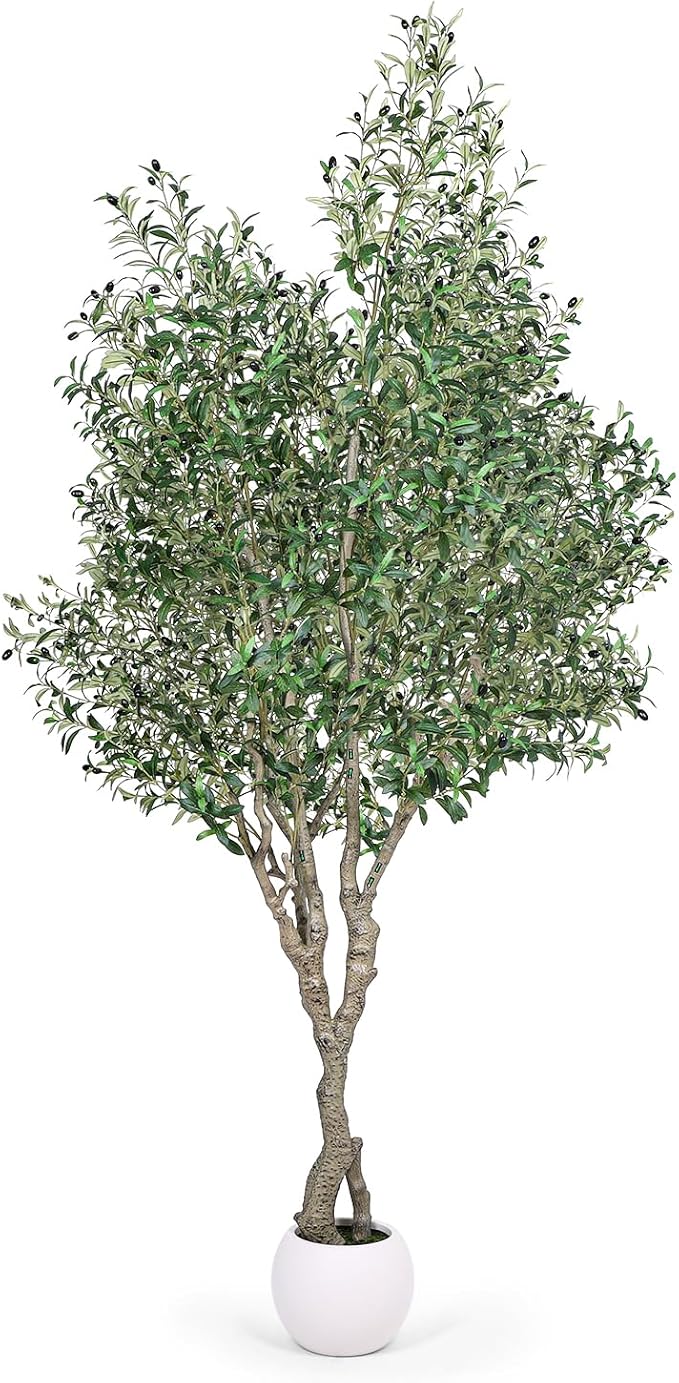 Artificial Olive Tree 8FT, Indoor Fake Silk Plant with Realistic Trunk, Leaves, Fruits and White Planter, Faux Potted Tree for Home Decor and Housewarming Gift, 1 Pack