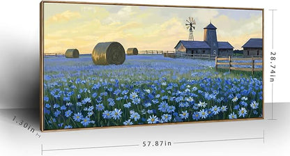 ARTZON Framed Oversized Living Room Wall Art Farmhouse Daisy Flower Barn Canvas Print Countryside Sunset Wildflower Landscape Picture Nature Rustic Blue Yellow Artwork for Bedroom Office Decor 58"×29"