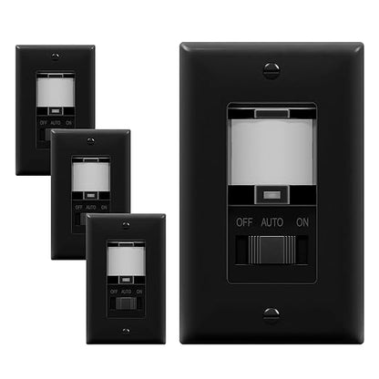 TOPGREENER in Wall PIR Motion Sensor Light Switch, Occupancy Sensor Switch, 𝐍𝐞𝐮𝐭𝐫𝐚𝐥 𝐖𝐢𝐫𝐞 𝐑𝐞𝐪𝐮𝐢𝐫𝐞𝐝, On/Off Override, 𝐒𝐢𝐧𝐠𝐥𝐞 𝐏𝐨𝐥𝐞, 4A, 500W, TSOS5-BKWP,Black,4 Pack