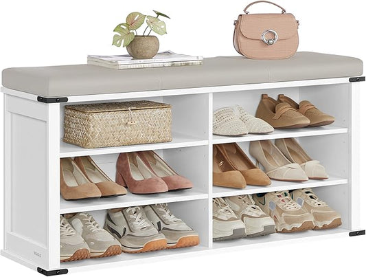 VASAGLE Shoe Storage Bench with Removable Cushion, Shoe Rack with Padded Seat, Entryway Bench with 6 Open Compartmens, Adjustable Shelves, for Hallway, Bedroom, Cloud White ULSB105W01