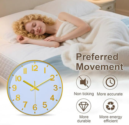Gold Wall Clocks Battery Operated, 12 Inch Non Ticking Digital Wall Clock, Silent Analog Clock for Bedroom Living Room Kitchen Office Gym Classroom, Large Number Clocks for Seniors Elderly
