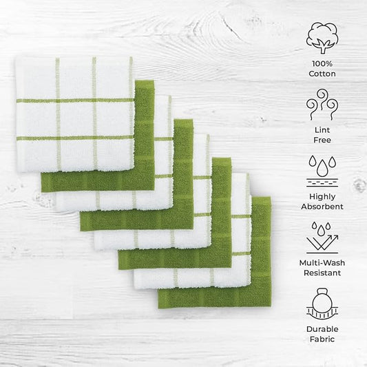 100% Cotton Terry Dish Cloth & Dish Towel, 6 Pack, Super Soft and Absorbent Kitchen Towels, Perfect for Kitchen Cleaning and Dish Washing (Green (Solid and Checks) 8 Pack)