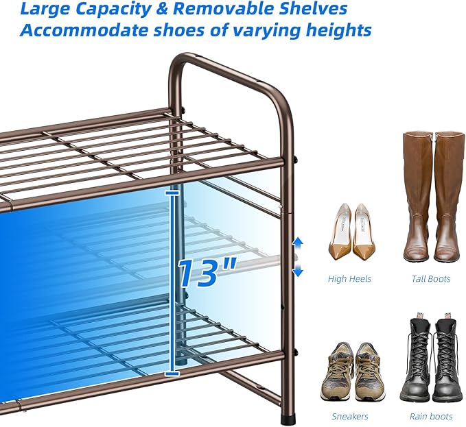SUFAUY 3 Tier Shoe Rack, Closet Metal Shoe Rack Organizer Heavy Duty, Stackable, Bronze