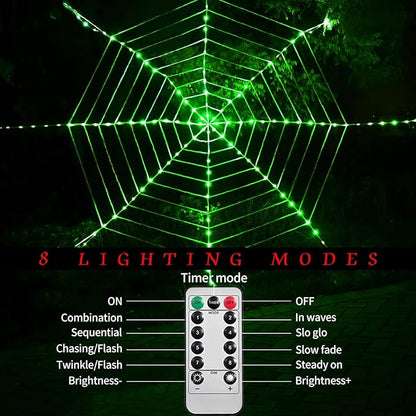 144 LED Round Halloween Spider Web Lights Decoration, 3.6 m Giant Net Light Fairy Lights with Remote Control Light Net Decoration Outdoor Indoor, Green