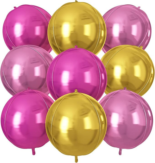 Pink Gold Round Foil Balloons 9 pcs,Metallic Giant 4D Round Balloons 22 Inch for Birthday Girl's Baby Shower Bridal Shower Wedding Valentine Party Decorations