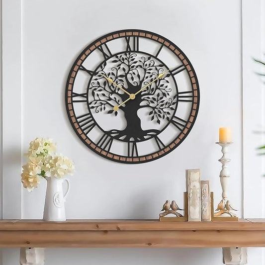 Micasso Non-Ticking Large Wall Clock: 21Inch Tree of Life Metal Black with Solid Wood Frame - Battery Operated Silent Clock for Living Room/Office/Bedroom/Kitchen - Home Decor for Trendy Fashionistas