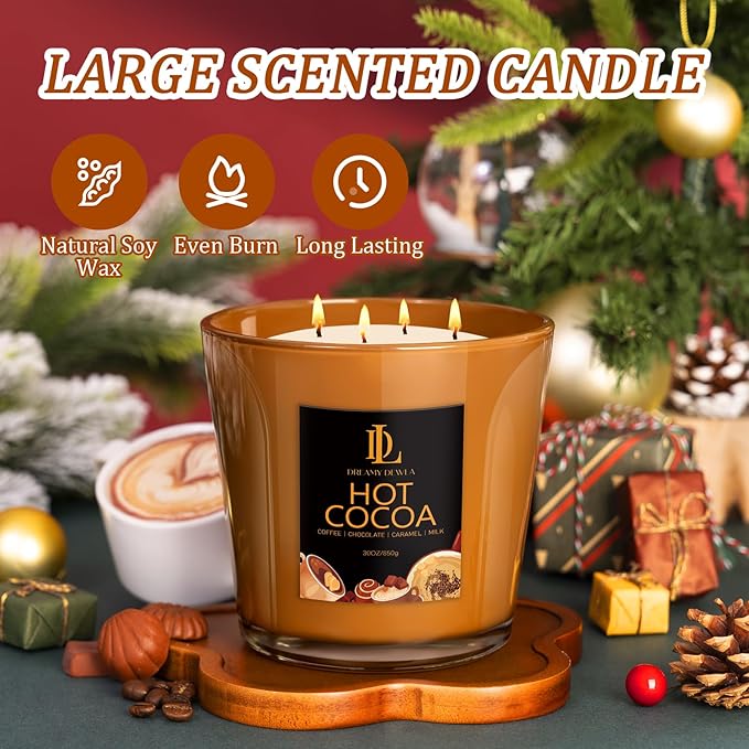 Large Candle Hot Cocoa Scented, 4 Wick Natural Soy Candles for Home Scented, 30oz Big Holiday Candle Long Lasting, Home Kitchen Scent Candles Valentine's Day Gifts for Women Men