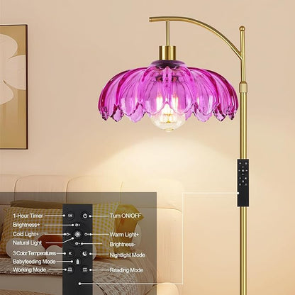 Vintage Floor Lamps for Living Room Arc Floor Lamp with Remote Control & Glass Lampshade,Mid Century Modern Standing Lamp Gold Tall Flower Lamp for Bedroom Living Room Corner