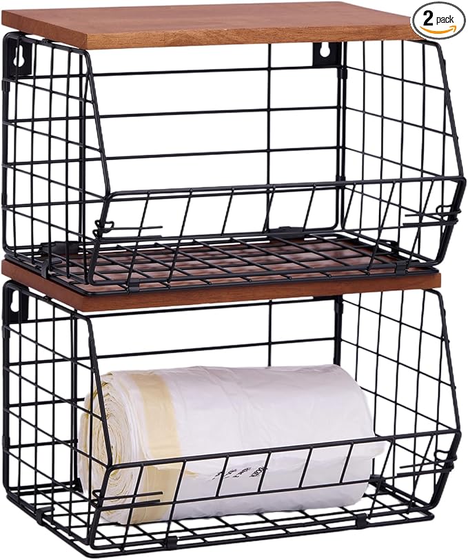 2 Pack Large Trash Bag Holder, Stackable Kitchen Pantry & Laundry Organizers with Wood Lid, Collapsible Garbage Bag Dispenser Storage for Under Sink Cabinet Shelf Countertop Organization