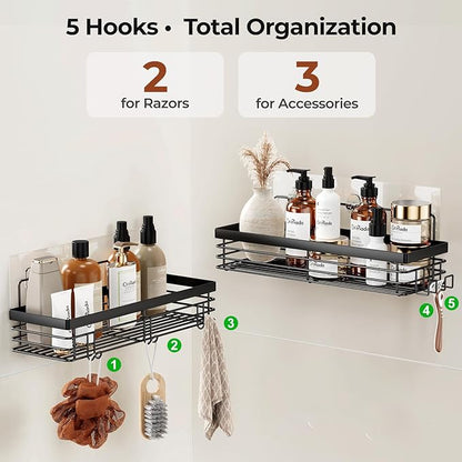 Orimade Shower Caddy with 5 Hooks for Hanging Razor and Sponge Adhesive Shower Shelf Basket Bathroom Storage Organizer Kitchen Rack No Drilling Stainless Steel Rustproof - 2 Pack,Black