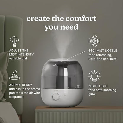 Homedics Ultrasonic Top Fill Humidifier, Cool Mist, 360° Nozzle, Up to 25 Hour Runtime, for Large Room, Bedroom, Nursery, Plants