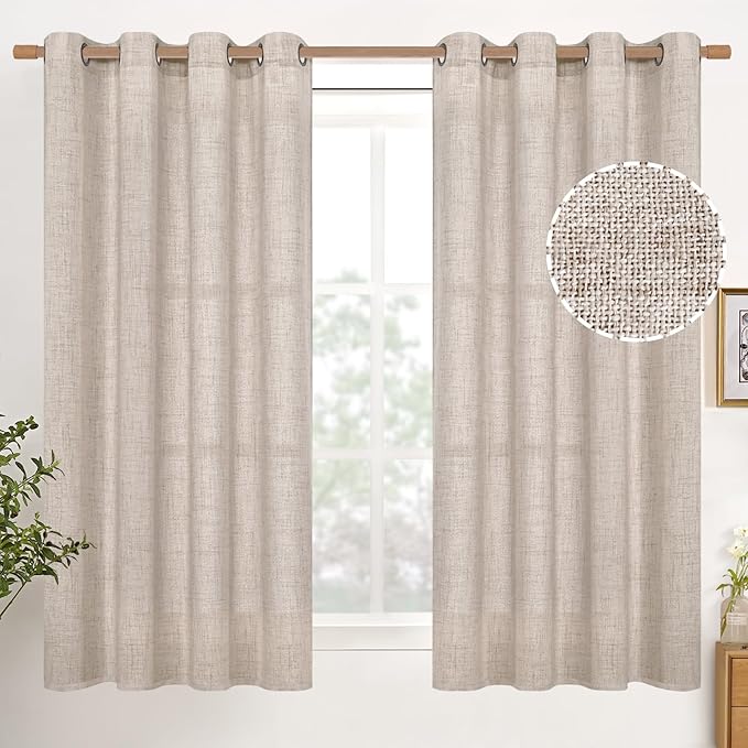 YoungsTex Natural Linen Curtains for Short Window 54 Inches Long, Textured Semi Sheer Drapes with Bronze Grommet Privacy Light Filtering for Kitchen Bathroom Bedroom, 2 Panels, 52 X 54 Inch
