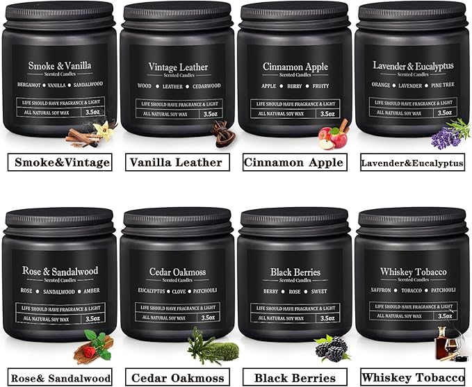 Men's Aromatherapy Gift Set - 8 Candles with Manly Scents (Leather, Smoke, Oak) in Black Candle Jars | Scented Candles for Home, Fall Decor | Perfect for Birthdays, Father's Day | Gifts