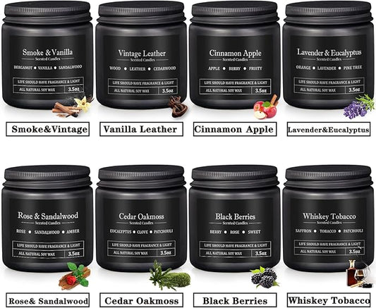 Men's Aromatherapy Gift Set - 8 Candles with Manly Scents (Leather, Smoke, Oak) in Black Candle Jars | Scented Candles for Home, Fall Decor | Perfect for Birthdays, Father's Day | Gifts