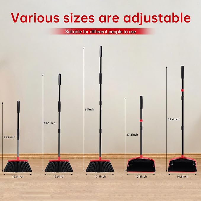 Broom with Dustpan Combo Set, Hand Broom and Dustpan Set for Sweeping Indoor Angle Broom for Home Office Kitchen Lobby Floor Pet Hair Indoor&Outdoor Cleaning (Black&Red)